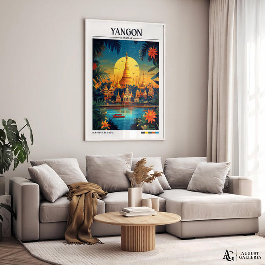 Yangon Myanmar Retro Travel Print