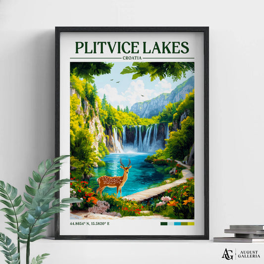 Plitvice Lakes Retro Travel Print