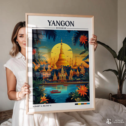 Yangon Myanmar Retro Travel Print